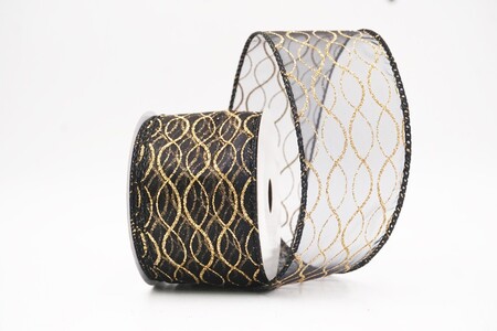 Zwart/goudkleurig glitterlint met ogee-raster en ijzerdraad_KW0472GC-53G-53